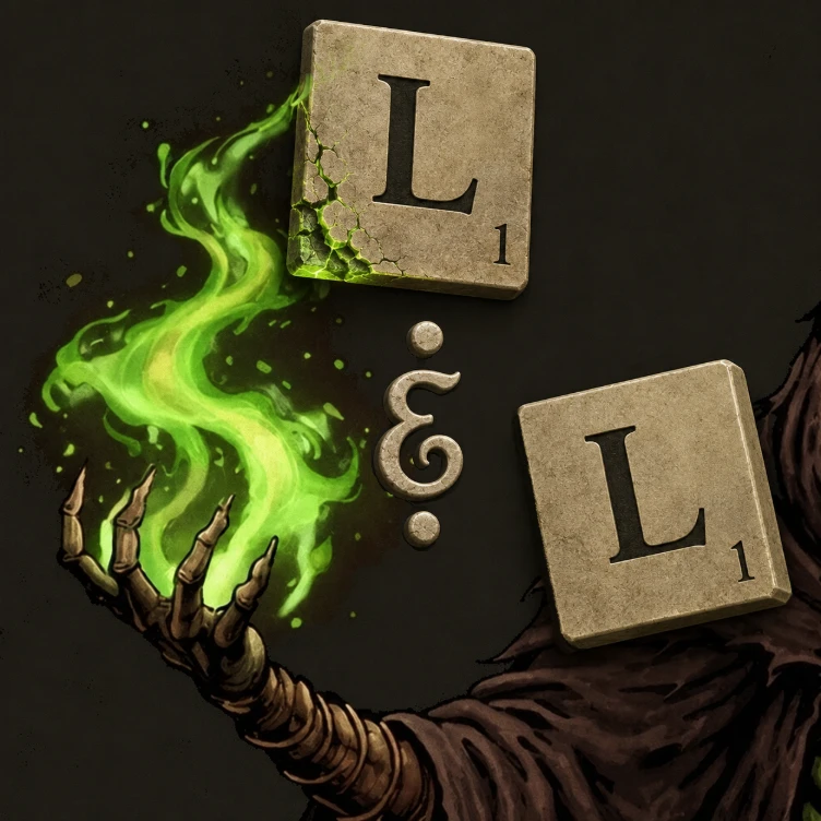 Letters & Liches: Array — cracked green-flame Scrabble tiles held by a skeletal hand